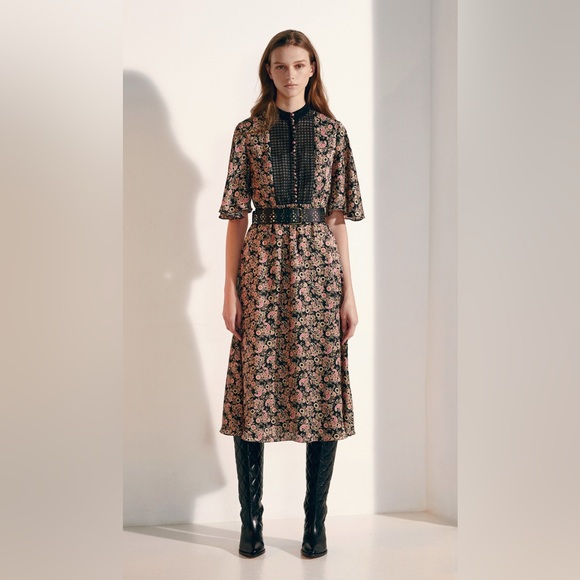 Sandro Dresses & Skirts - Sandro Black and Pink Floral Midi Dress